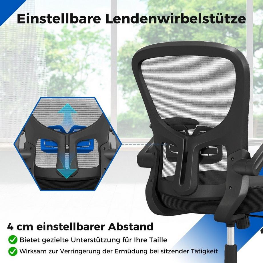 B2X  Ergonomischer Bürostuhl mit Hochklappbaren Armlehnen & Verstellbarer Lendenstütze & Wippfunktion 