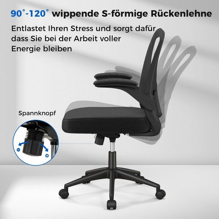 B2X  Ergonomischer Bürostuhl mit Hochklappbaren Armlehnen & Verstellbarer Lendenstütze & Wippfunktion 