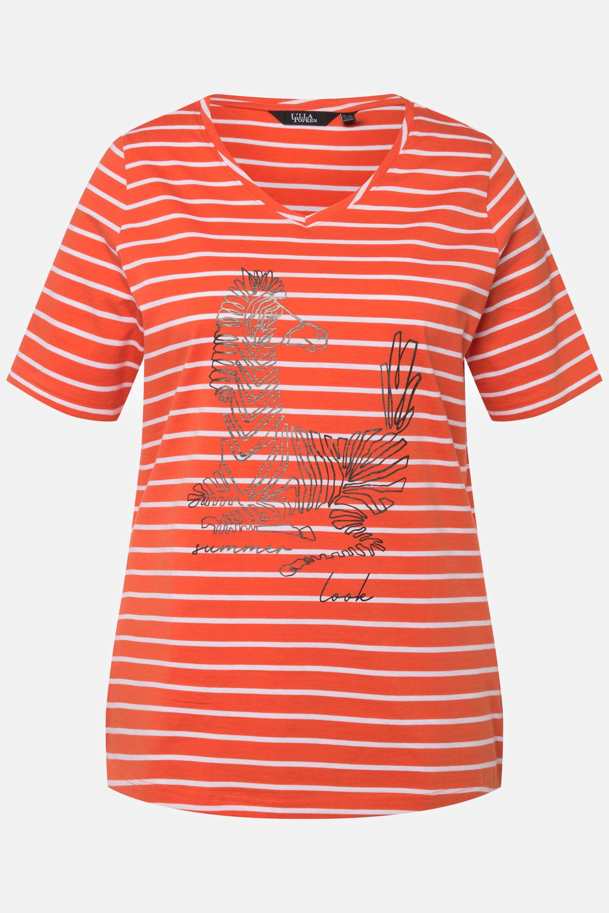 Ulla Popken  T-shirt classica a righe con design con animali, scollo a V e mezze maniche 