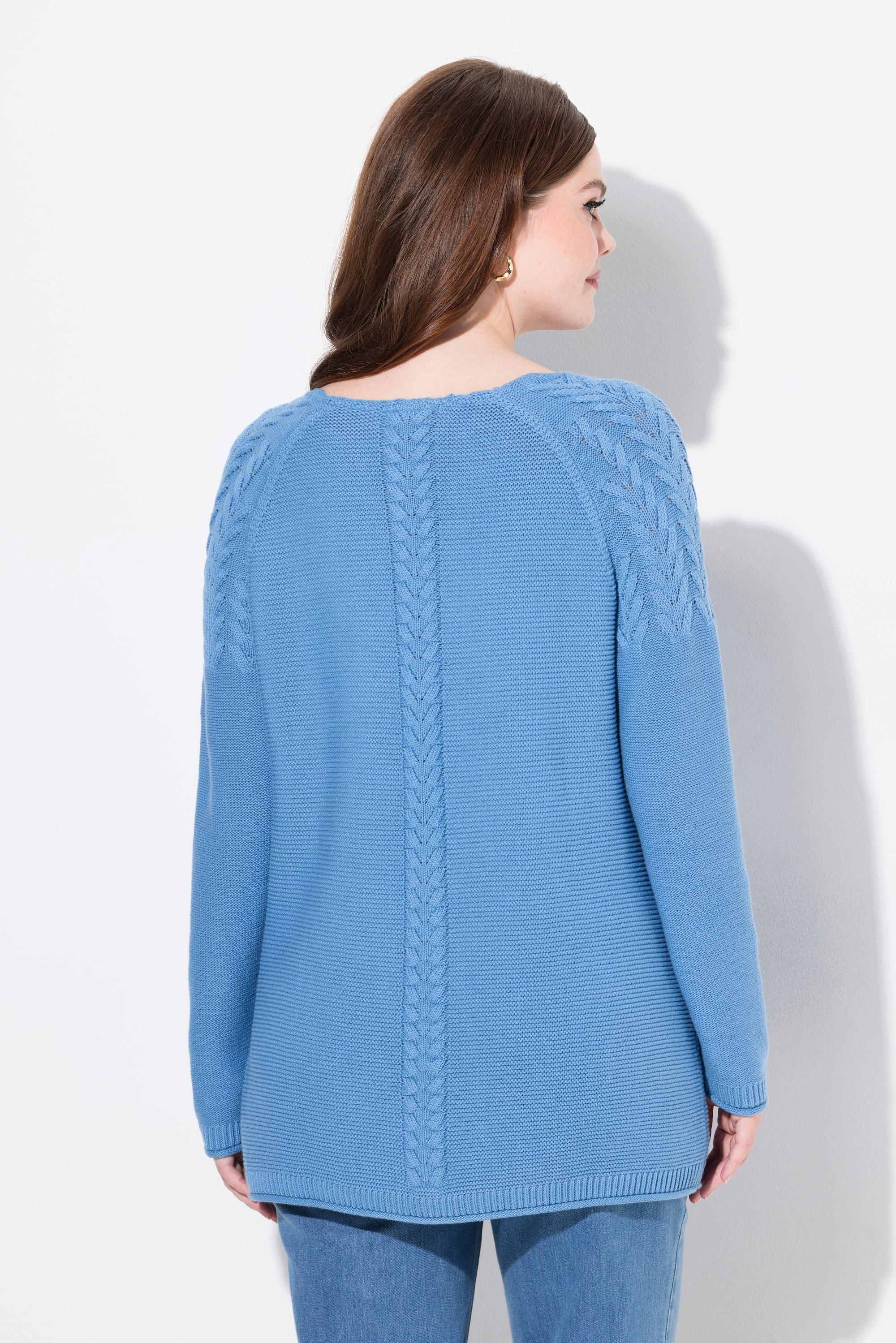 Ulla Popken  Maglione in cotone biologico con trecce, scollo a V e maniche lunghe 