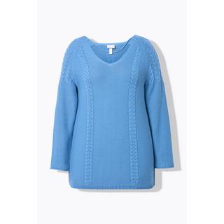 Ulla Popken  Maglione in cotone biologico con trecce, scollo a V e maniche lunghe 