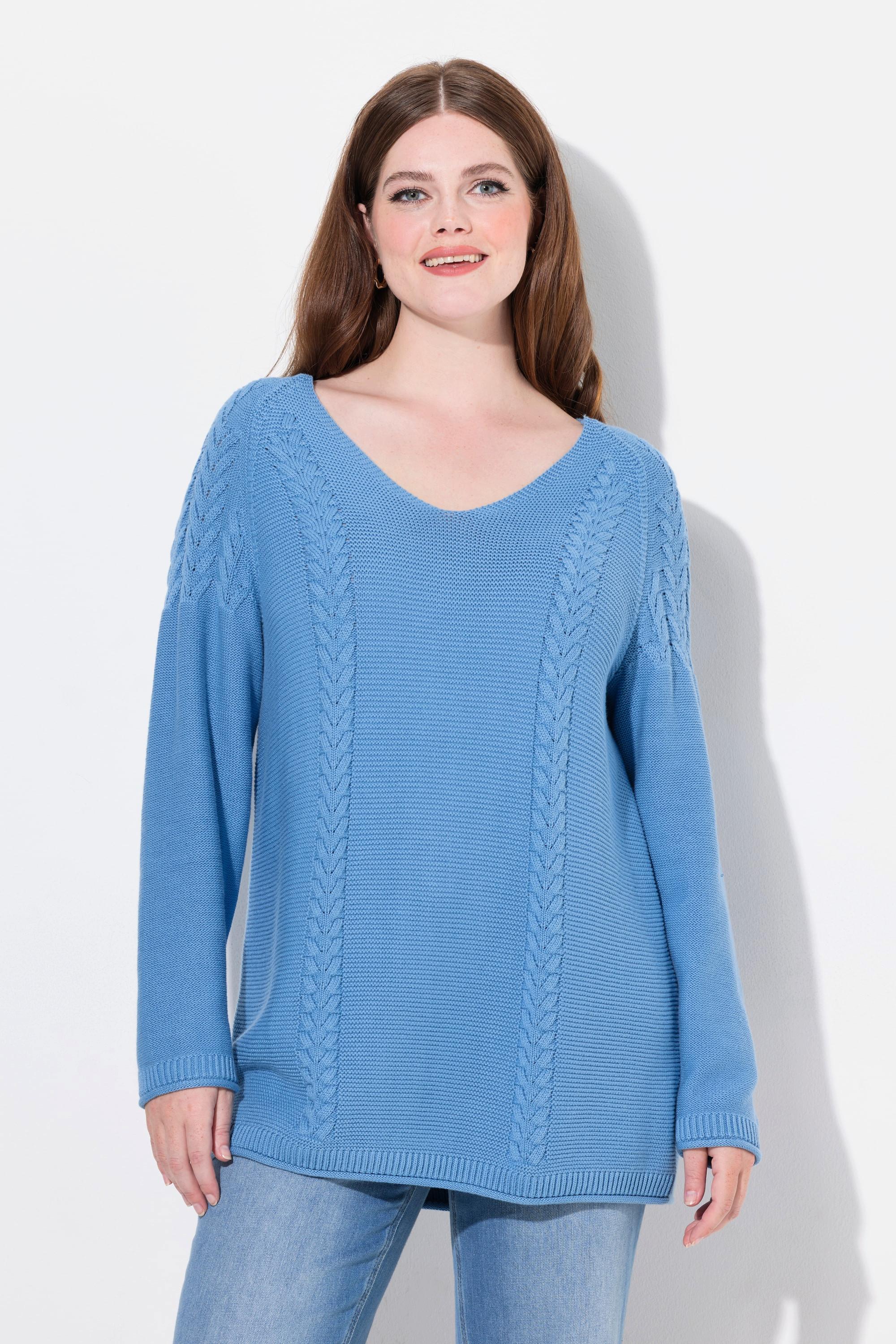 Ulla Popken  Maglione in cotone biologico con trecce, scollo a V e maniche lunghe 