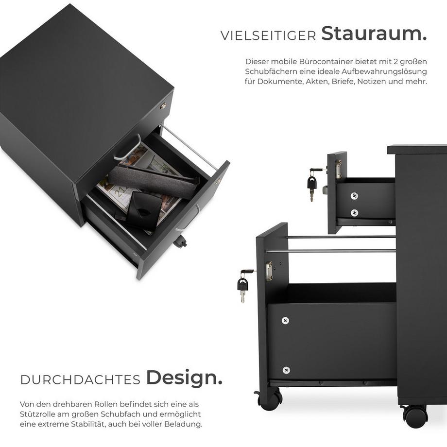 Tectake Rollcontainer Vagur mit 2 Schubladen für Dokumente im A4 Format abschließbar, inkl. Ersatzschlüsseln  