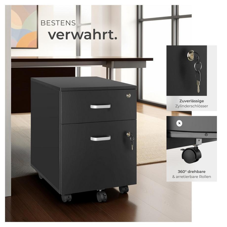 Tectake Rollcontainer Vagur mit 2 Schubladen für Dokumente im A4 Format abschließbar, inkl. Ersatzschlüsseln  