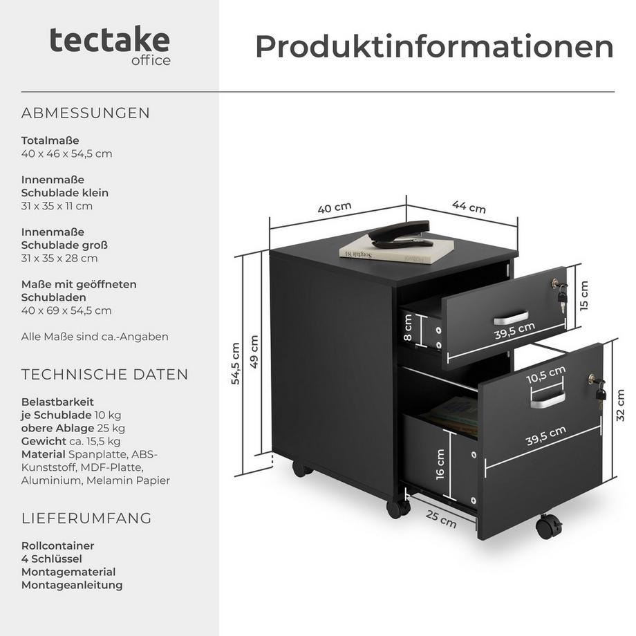 Tectake Rollcontainer Vagur mit 2 Schubladen für Dokumente im A4 Format abschließbar, inkl. Ersatzschlüsseln  