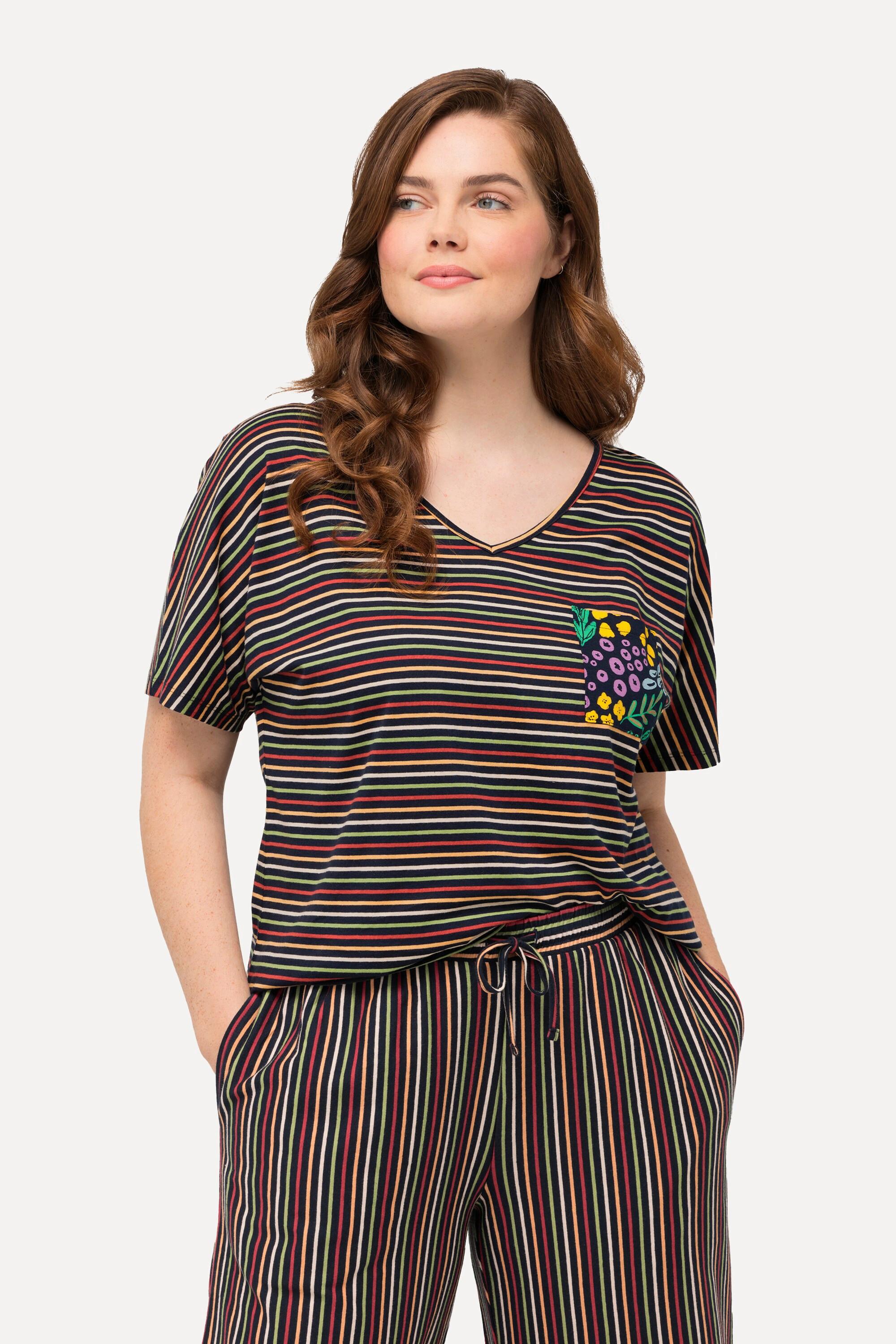 Ulla Popken Maglia pigiama a righe scollo a V mezze maniche  