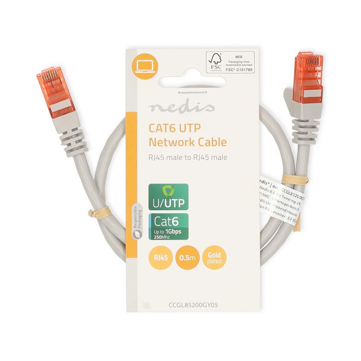 Nedis  Câble réseau CAT6 | RJ45 mâle | RJ45 mâle | U/UTP | 0.50 m | Rond | PVC | Gris | Etiquette 