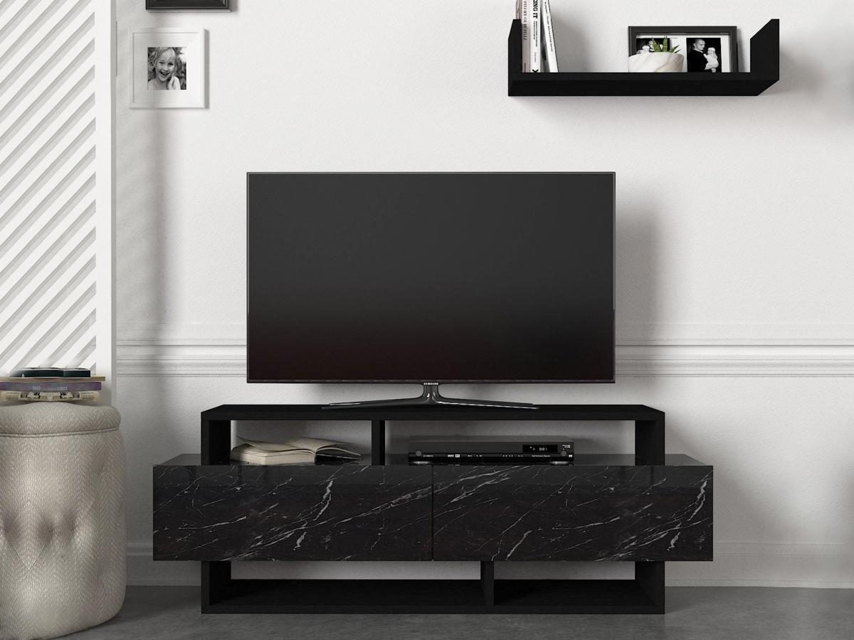 Vente-unique Ensemble TV avec rangements - Noir et effet marbre noir - IBARIA  