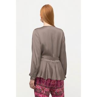 Ulla Popken  Blusa di raso con volant, incrocio, scollo a V e maniche lunghe 