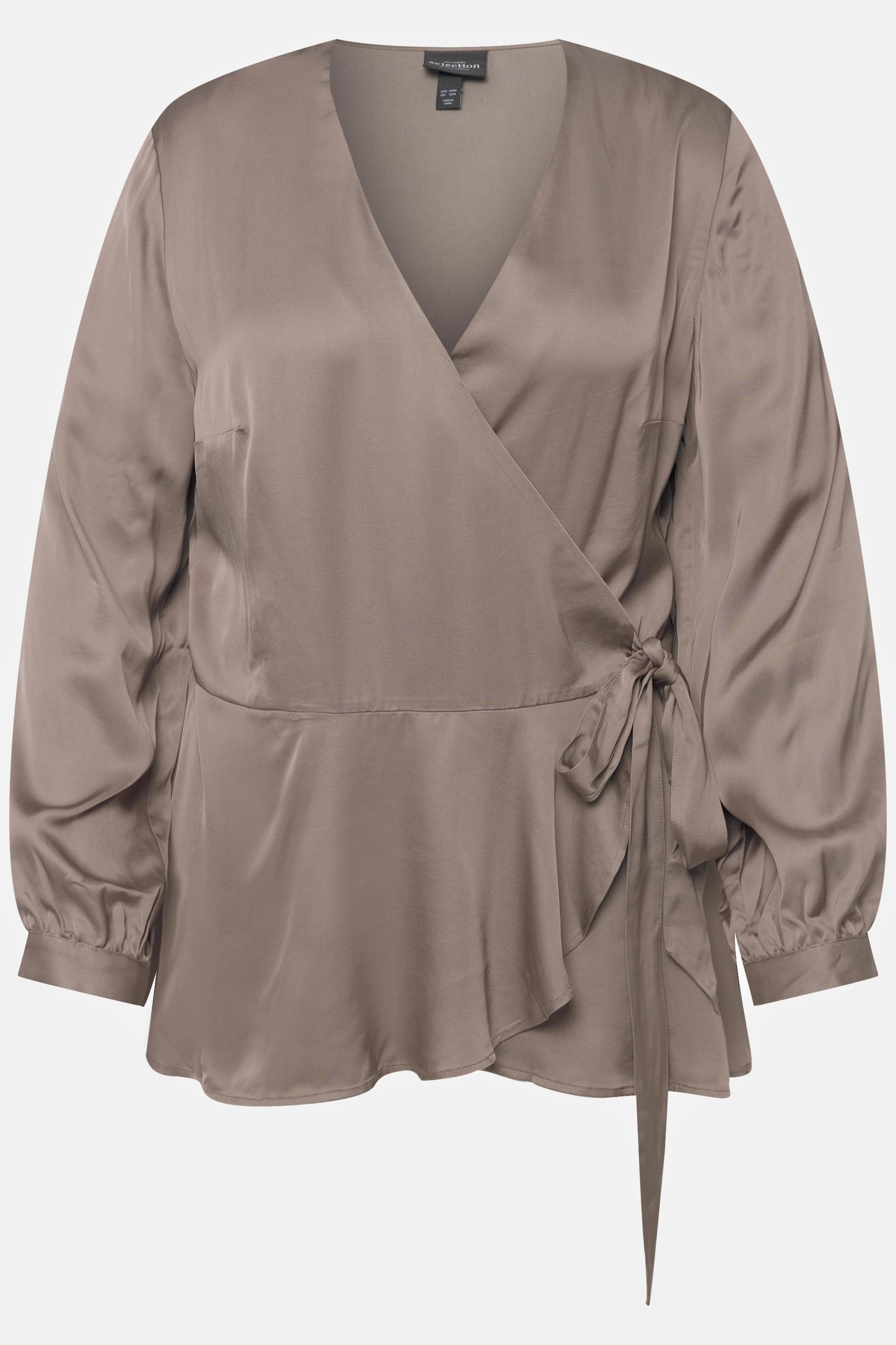 Ulla Popken  Blusa di raso con volant, incrocio, scollo a V e maniche lunghe 