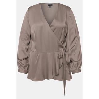 Ulla Popken  Blusa di raso con volant, incrocio, scollo a V e maniche lunghe 