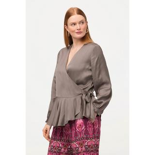 Ulla Popken  Blusa di raso con volant, incrocio, scollo a V e maniche lunghe 