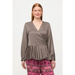 Ulla Popken  Blusa di raso con volant, incrocio, scollo a V e maniche lunghe 