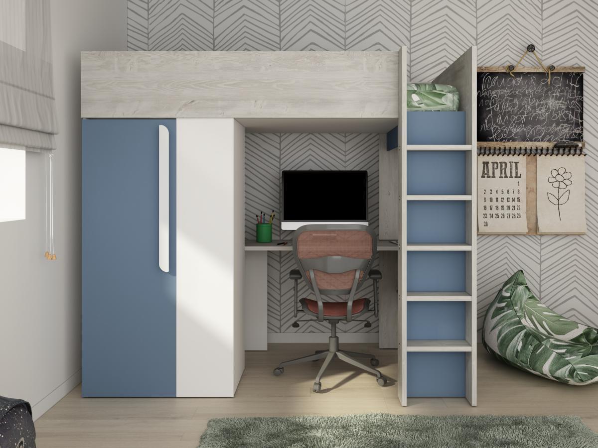 Vente-unique Hochbett mit Schreibtisch & Kleiderschrank - 90 x 200 cm  - Blau & Weiß - NICOLAS  