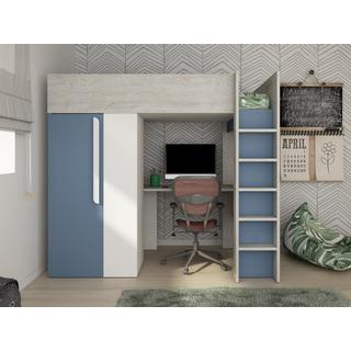 Vente-unique Lit mezzanine 90 x 200 cm avec armoire et bureau - Bleu et blanc - NICOLAS  