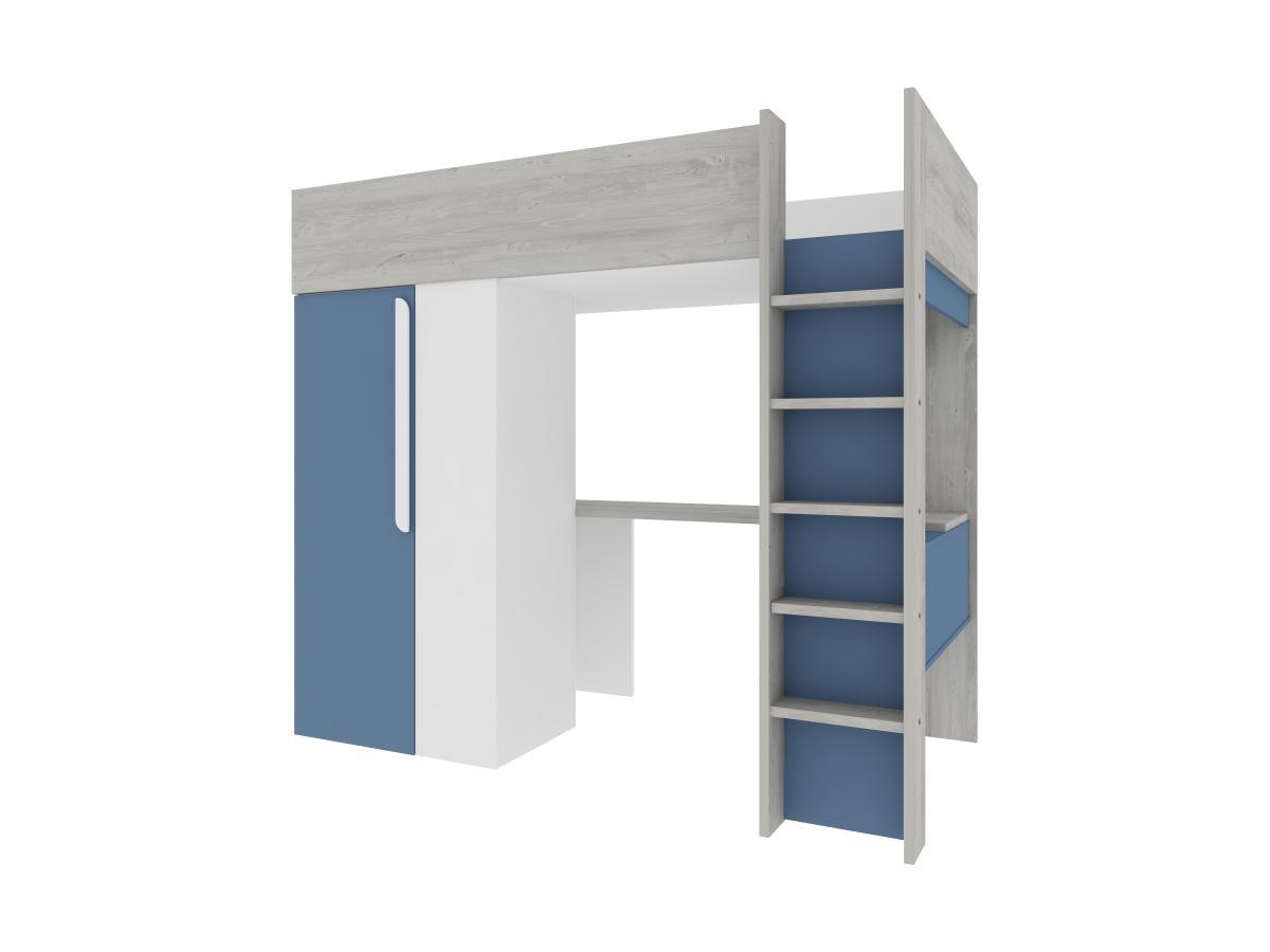 Vente-unique Lit mezzanine 90 x 200 cm avec armoire et bureau - Bleu et blanc - NICOLAS  