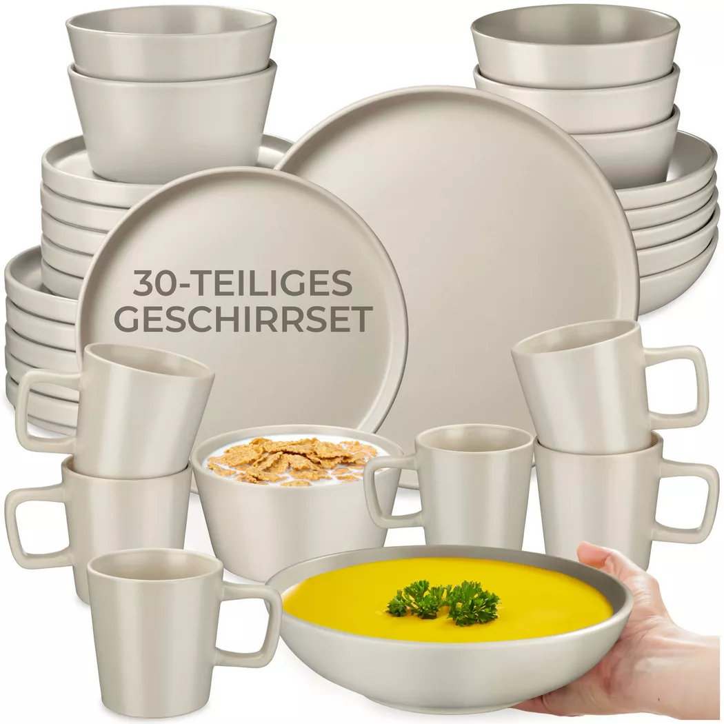 30 pièces service de table en grès pour 6 personnes taupe