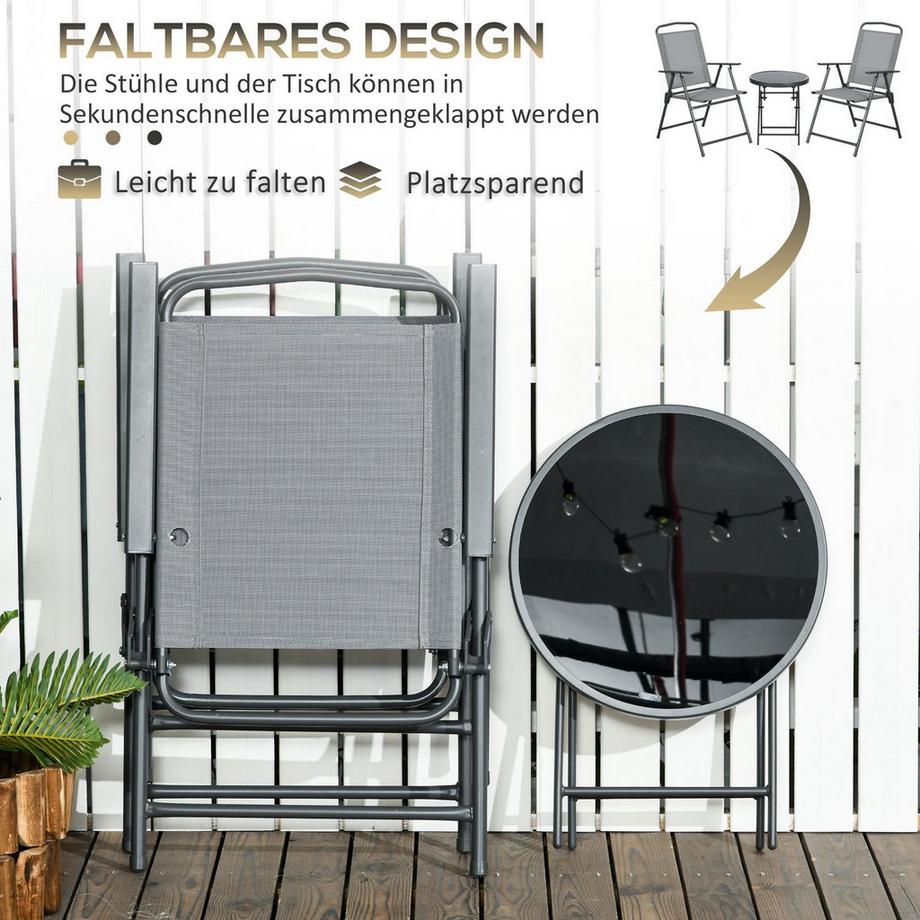 Northio  Gartenmöbel Bistro Set klappbar mit 1 Tisch und 2 Stühlen, langlebig aus Stahl und Mesh, 53,5 x 64 x 93 cm, hellgrau für Balkon & Terrasse 