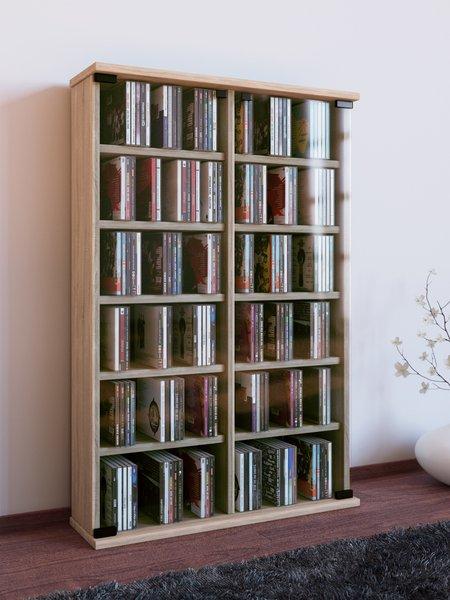 VCM CD Regal Holz | CD Schrank mit ESG-Sicherheitsglastüren für 300 CDs oder 130 DVDs oder 72-Videos| Maße: H. 92 x B. 60 x T. 18 cm | Elegantes DVD Regal  