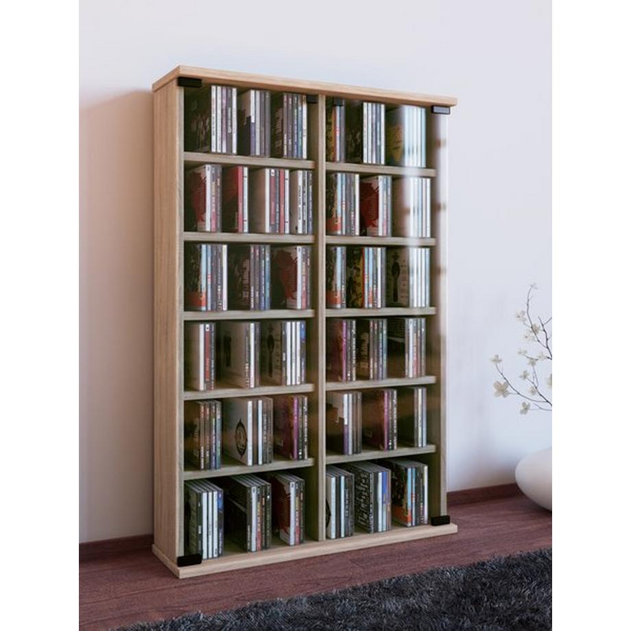 VCM CD Regal Holz | CD Schrank mit ESG-Sicherheitsglastüren für 300 CDs oder 130 DVDs oder 72-Videos| Maße: H. 92 x B. 60 x T. 18 cm | Elegantes DVD Regal  