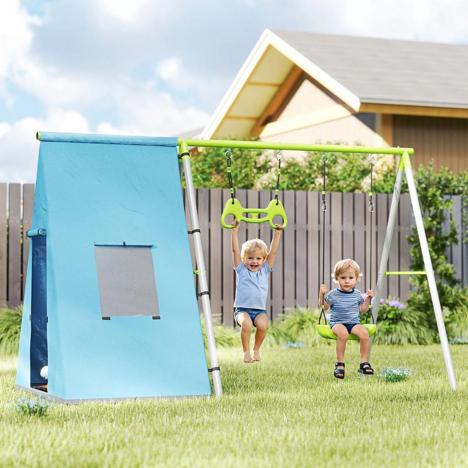 Northio 3 in 1 Schaukelgestell Outdoor Schaukelgerüst mit Spielzelt, Schaukel und Turnringe, Kinderschaukel mit Metallgestell, Gartenschaukel für Kinder Grün Aosom  