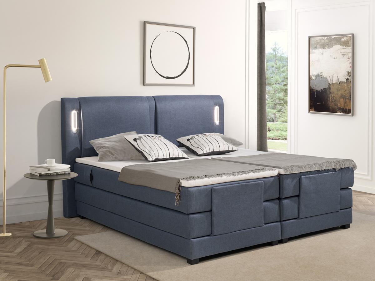 Vente-unique Ensemble complet boxspring tête de lit avec leds + sommiers relaxation électrique + matelas + surmatelas - 2 x 90 x 200 cm - Tissu - Bleu - ASTEMI de PALACIO  