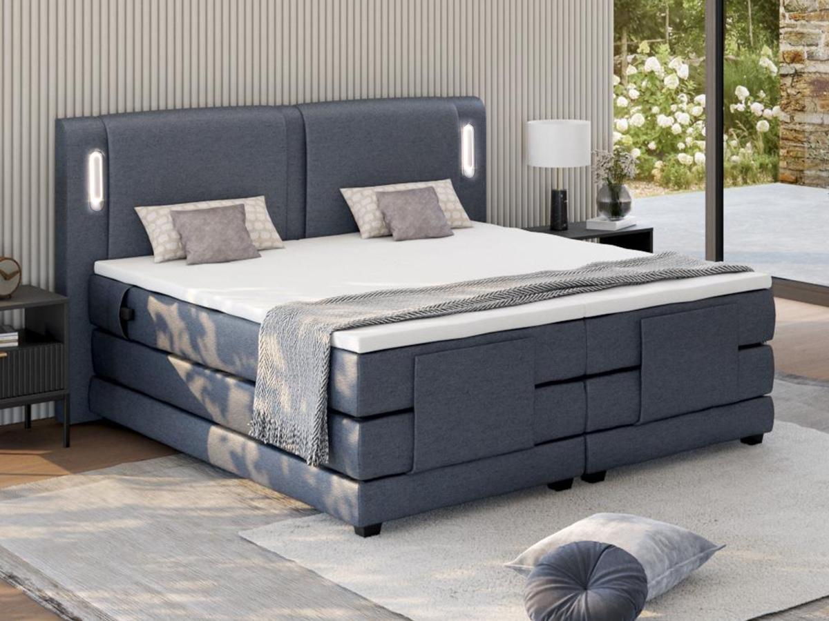 Vente-unique Ensemble complet boxspring tête de lit avec leds + sommiers relaxation électrique + matelas + surmatelas - 2 x 90 x 200 cm - Tissu - Bleu - ASTEMI de PALACIO  