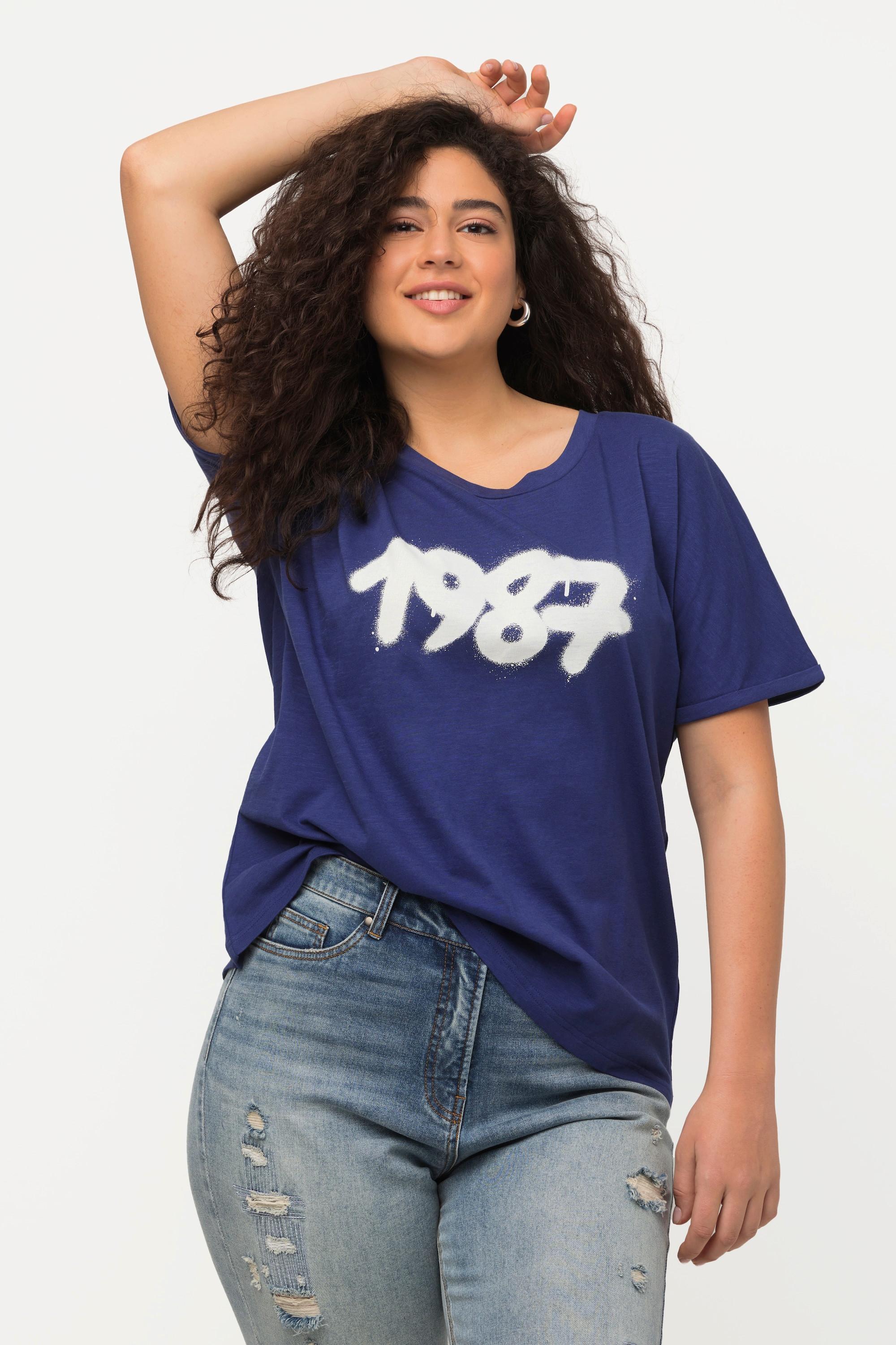 Ulla Popken  T-shirt oversize à col rond et manches courtes, motif spray 