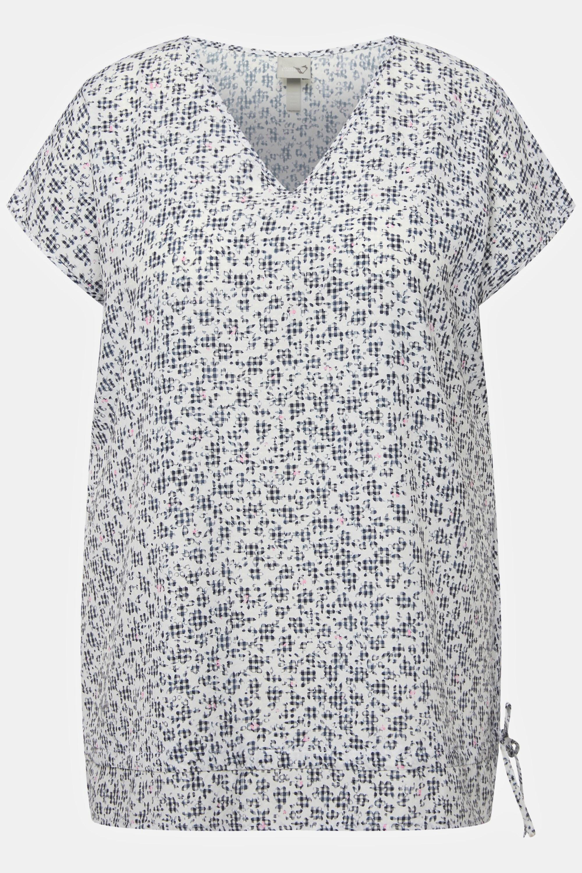 Ulla Popken  Blouse à fleurs. Décolleté en V, manches courtes. Cordon de serrage à la base. 