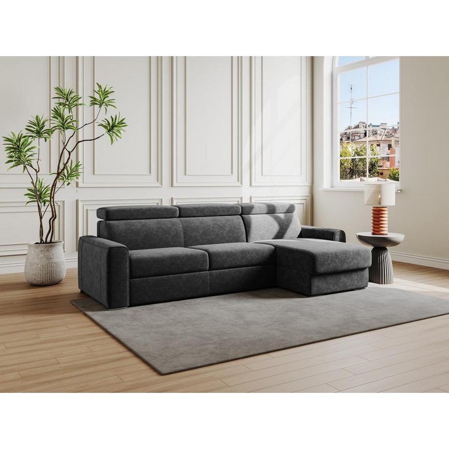 Vente-unique Ecksofa mit Matratze - Ecke wechselbar - Cord - Anthrazitgrau - Liegefläche mit Lattenrost mit breiten Latten 140 cm - Matratze 22 cm - Memory Schaum - VIZIR  