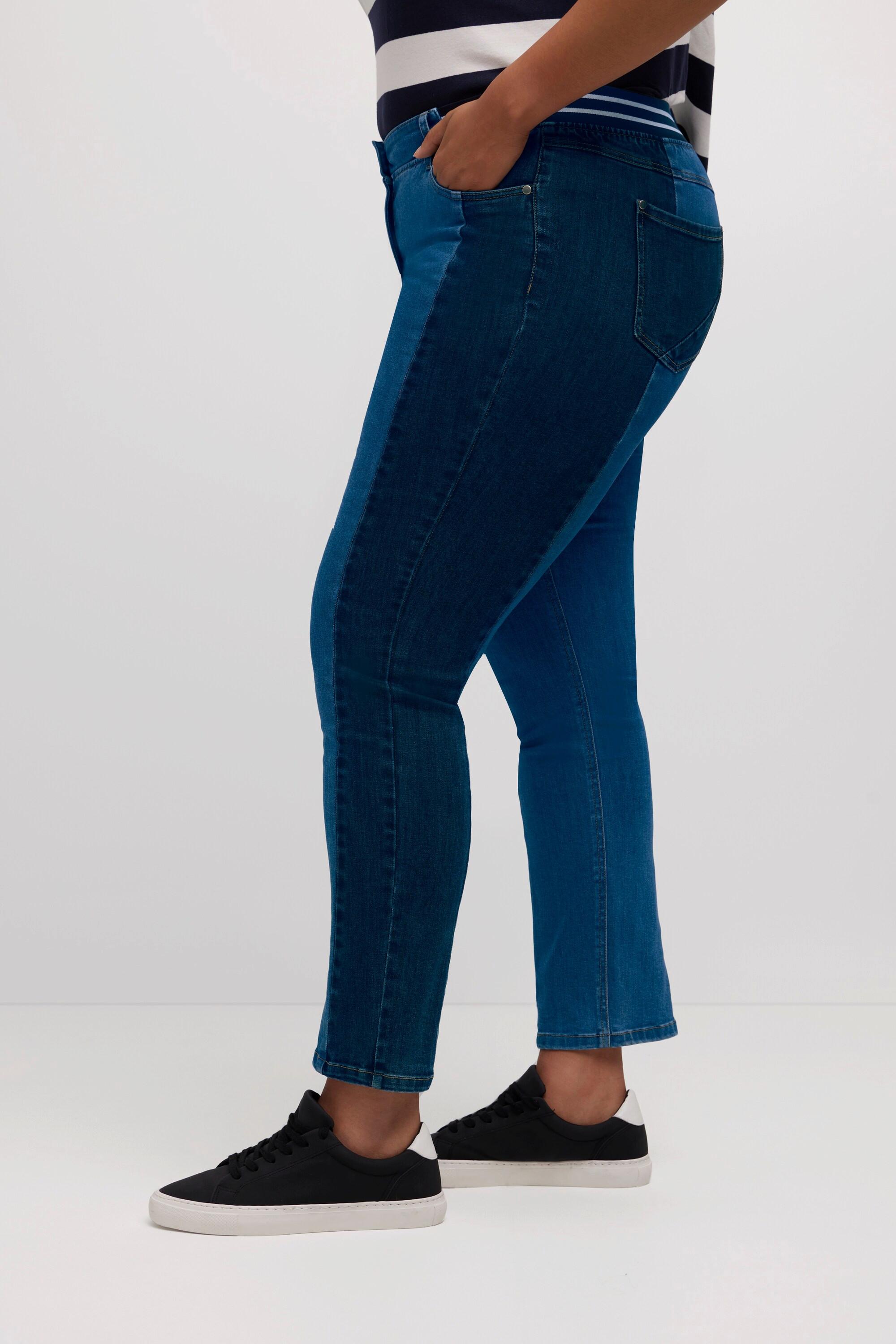 Ulla Popken  Jeans modello Sammy dal taglio aderente con mix di denim, cucitura lunga e cintura elastica 