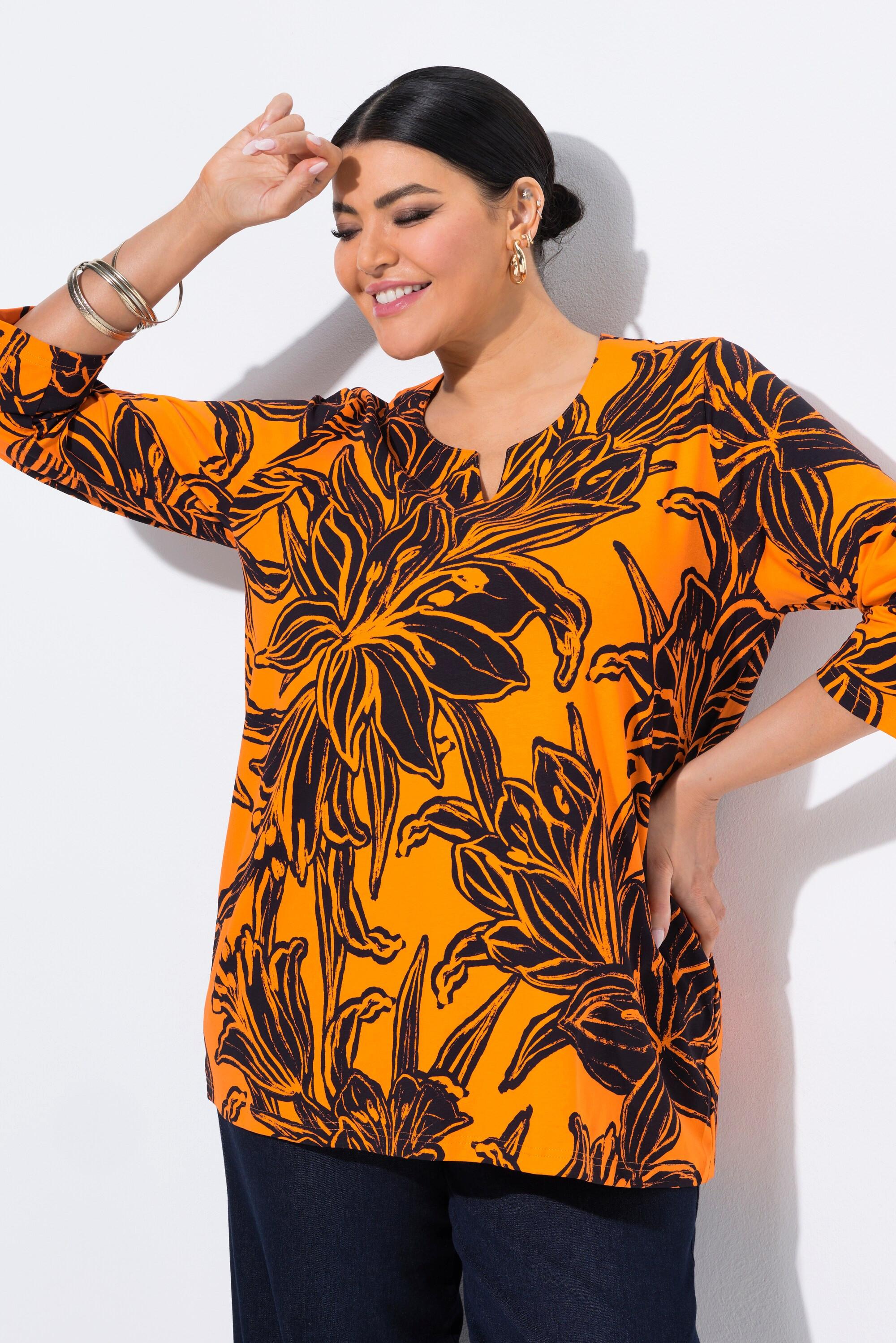 Ulla Popken Maglia foglie taglio svasato scollo a tunica maniche 3/4  