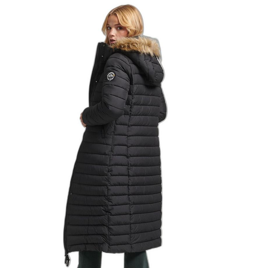 Superdry Lange leichte Daunenjacke mit Kapuze und Kunstpelz  