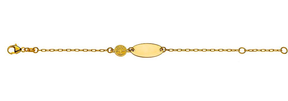 MUAU Schmuck  Bracelet Bébé forçat or jaune 750, 14cm gravure plaque arbre de vie 6mm 