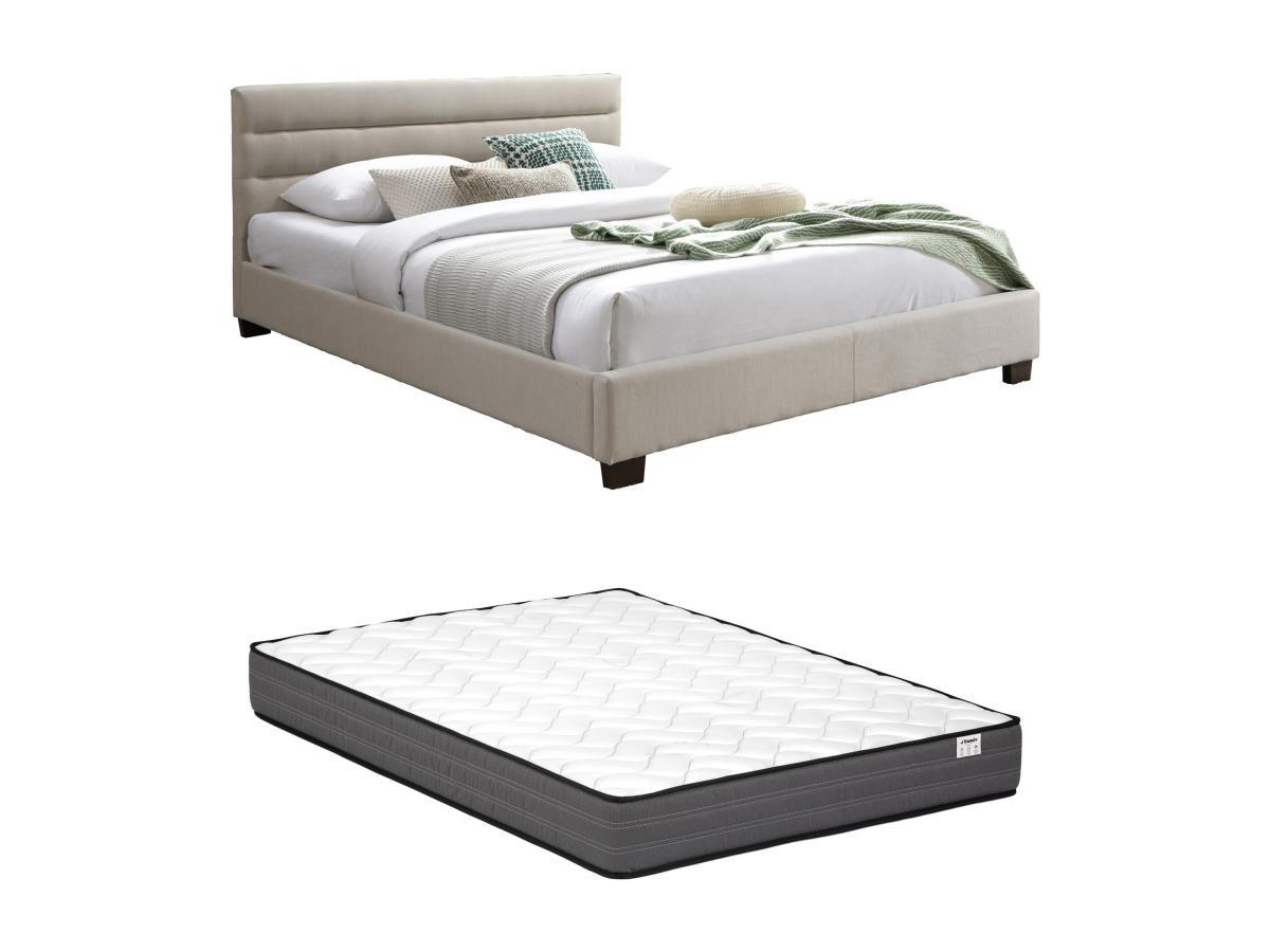 Vente-unique Lit 140 x 190 cm - Tissu - Beige + Matelas - FAUSTIN  