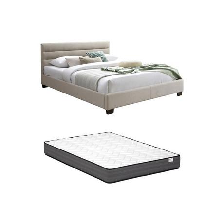 Vente-unique Lit 140 x 190 cm - Tissu - Beige + Matelas - FAUSTIN  