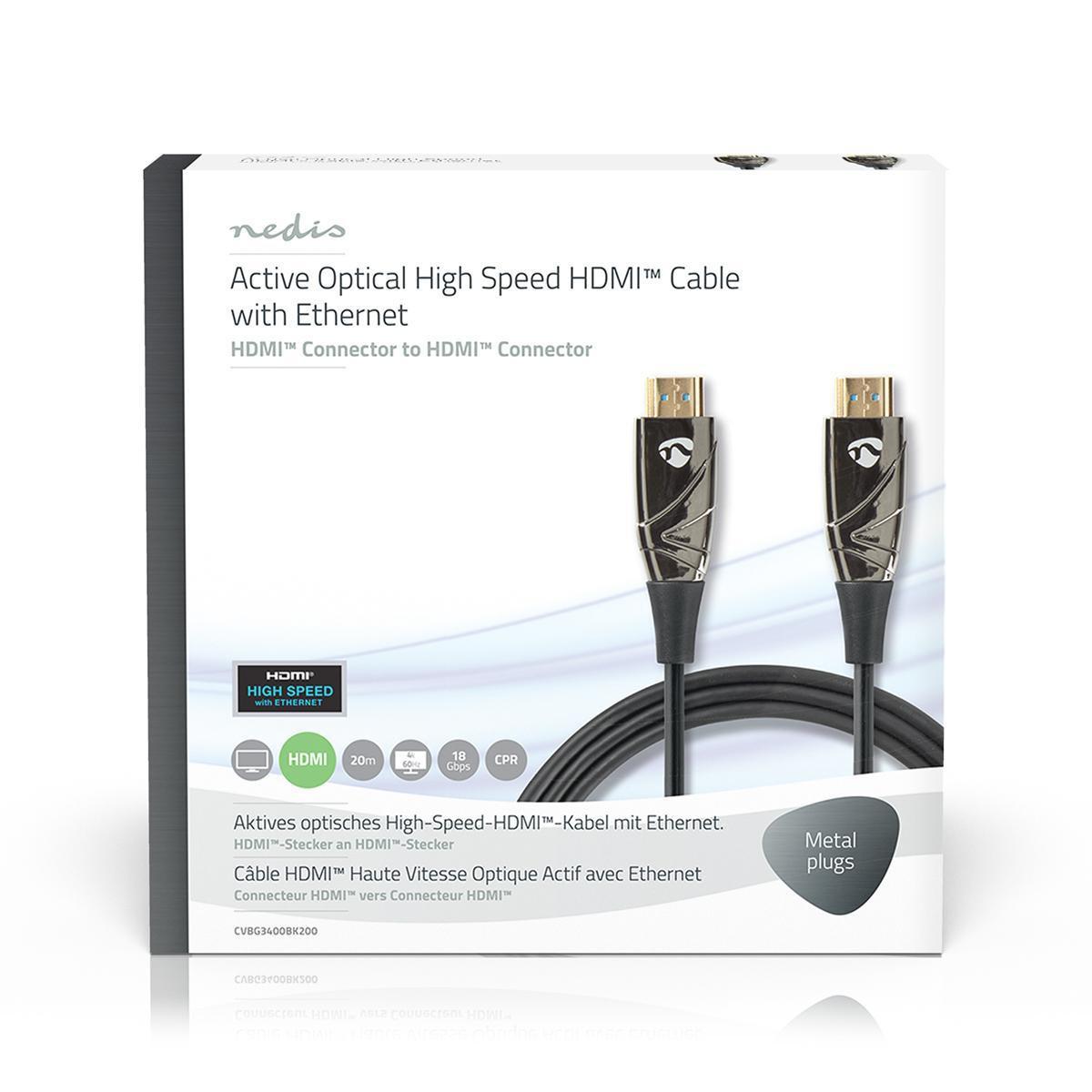 Nedis  Câble HDMI optique actif haute vitesse avec Ethernet | Connecteur HDMI™ | Connecteur HDMI™ | 4K@60Hz | 18 Gbps | 20,0 m | Rond | PVC | Noir | Boîte cadeau 