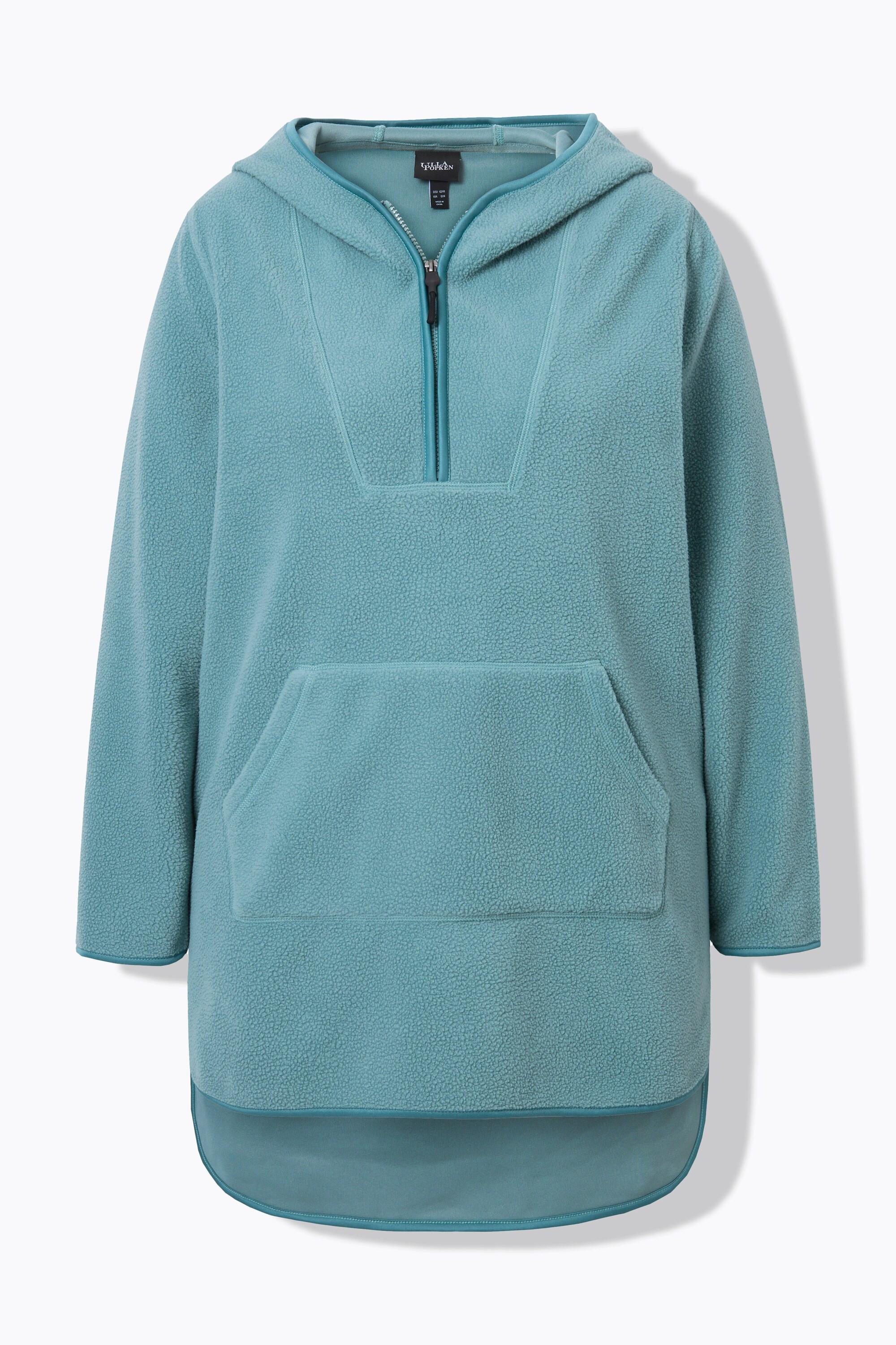 Ulla Popken  Pullover lungo di pellicciotto di pile con cappuccio, zip e maniche lunghe 