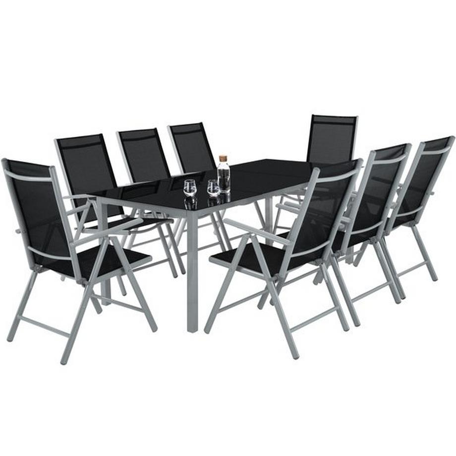 Tectake Aluminium Sitzgruppe 8+1 Stühle mit verstellbarer Rückenlehne und luftdurchlässigem Textilene-Gewebe  