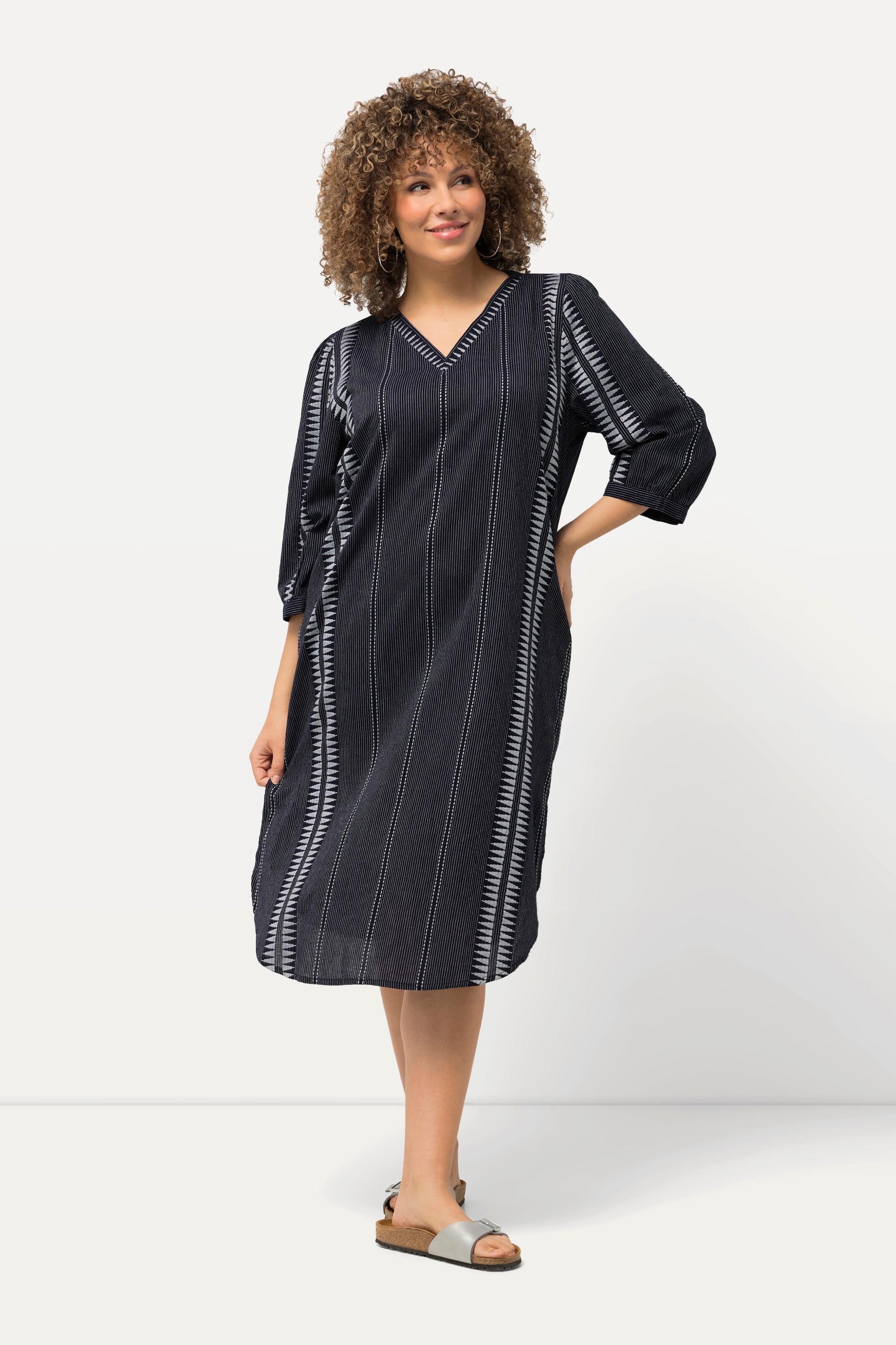 Ulla Popken  Kaftan, Mustersteifen, Oversiezd, V-Ausschnitt, 3/4-Arm 