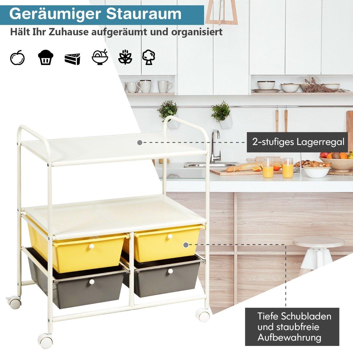 B2X  Rollwagen mit 4 stapelbaren Schubladen & Metallgestell & Ablageflächen Rollcontainer Gelb 