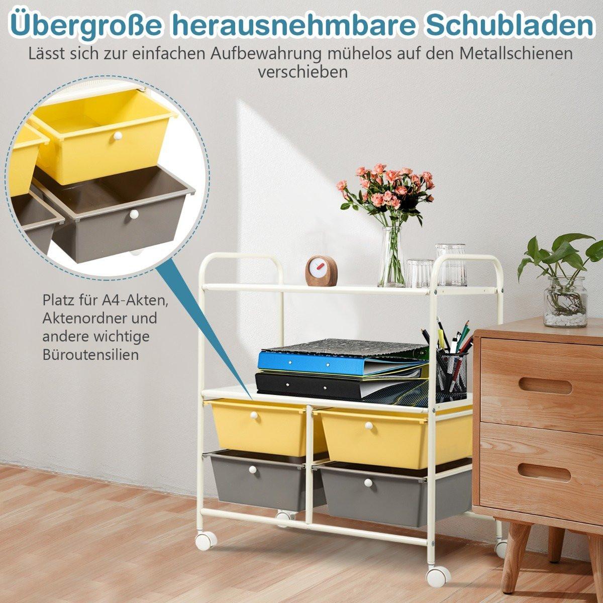 B2X  Rollwagen mit 4 stapelbaren Schubladen & Metallgestell & Ablageflächen Rollcontainer Gelb 