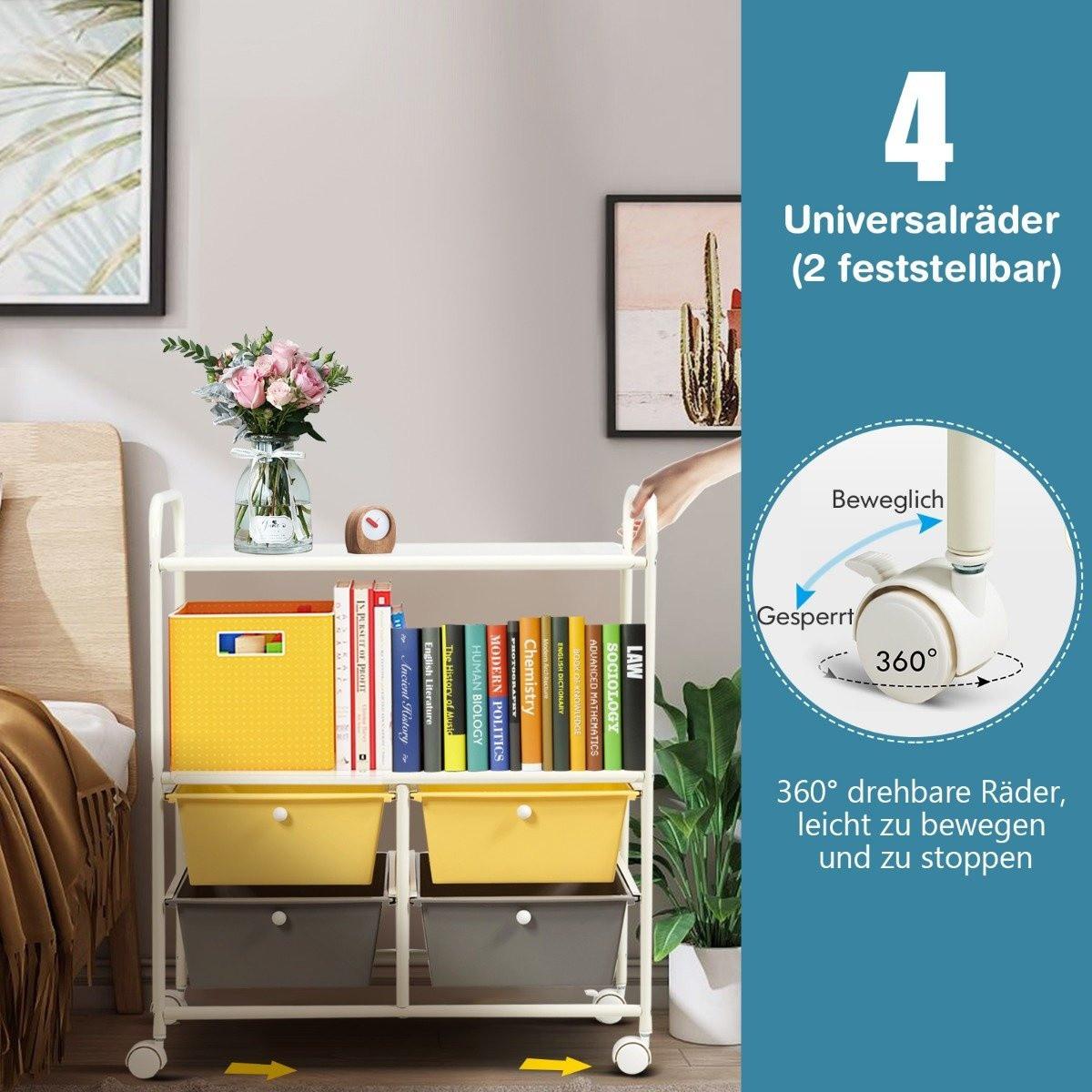 B2X  Rollwagen mit 4 stapelbaren Schubladen & Metallgestell & Ablageflächen Rollcontainer Gelb 