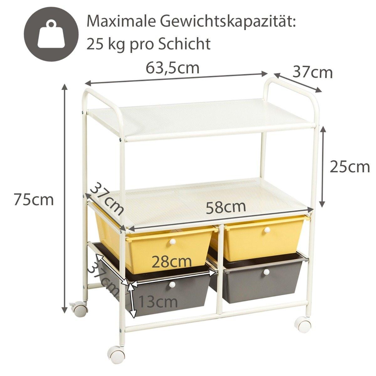B2X  Rollwagen mit 4 stapelbaren Schubladen & Metallgestell & Ablageflächen Rollcontainer Gelb 