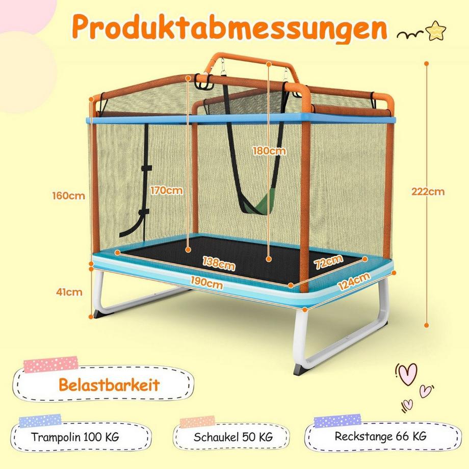 Northix  Rechteckiges 3-in-1-Trampolin für Kinder 190 x 124 cm großes Freizeittrampolin mit Netz Blau + Orange 