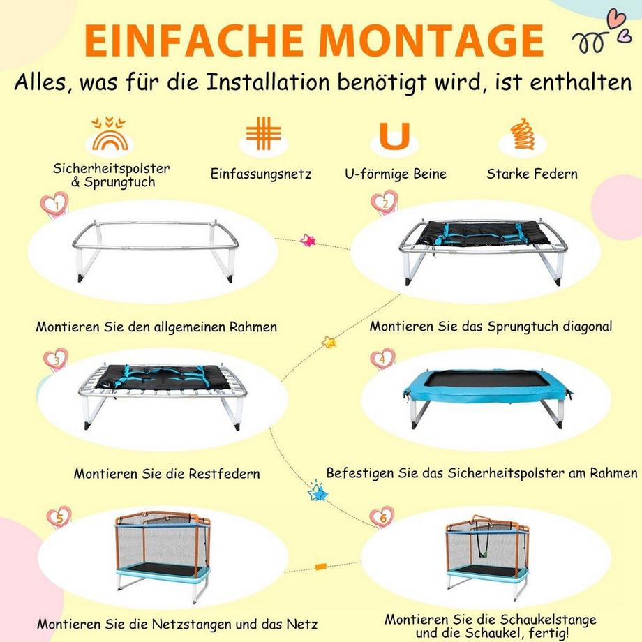 Northix  Rechteckiges 3-in-1-Trampolin für Kinder 190 x 124 cm großes Freizeittrampolin mit Netz Blau + Orange 