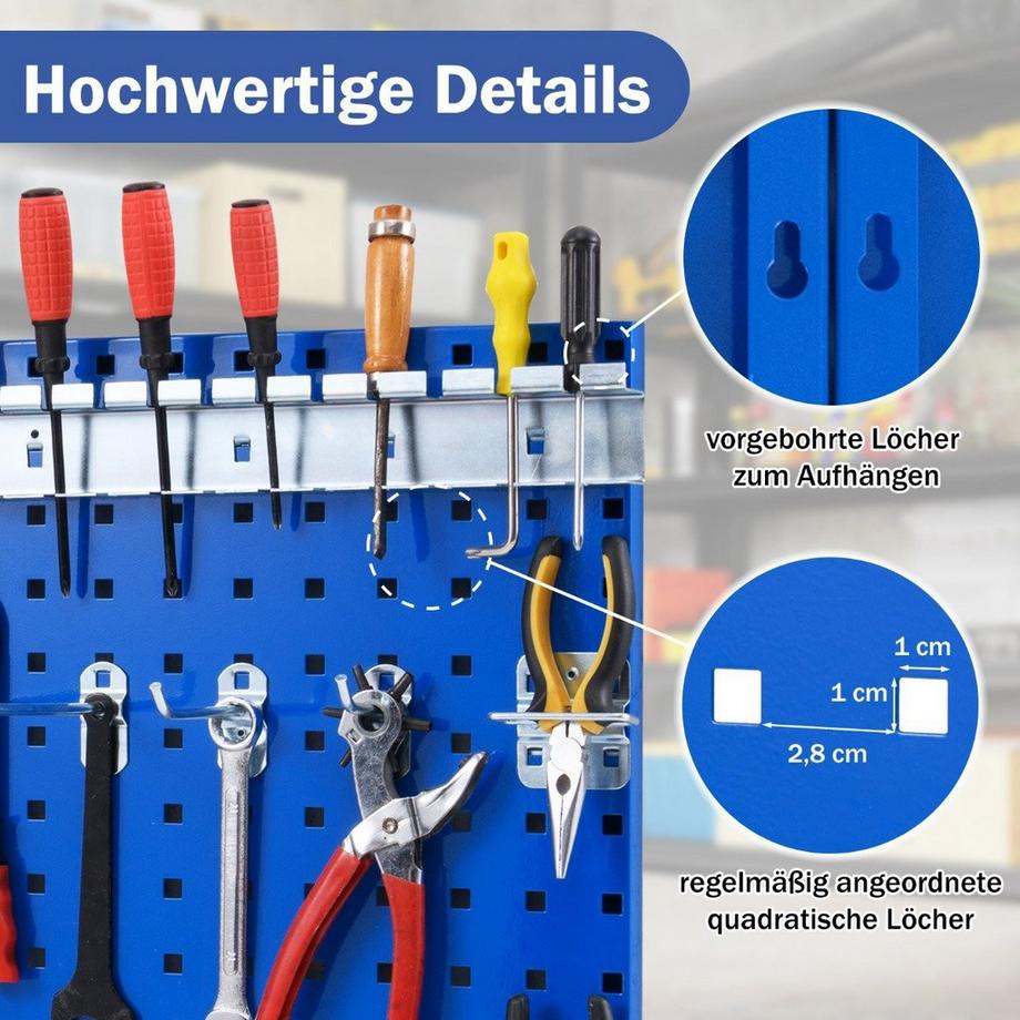Northix  Mur à outils perforé avec 3 panneaux perforés et 3 panneaux perforés. Accessoires suspendus 28 pièces bleu 