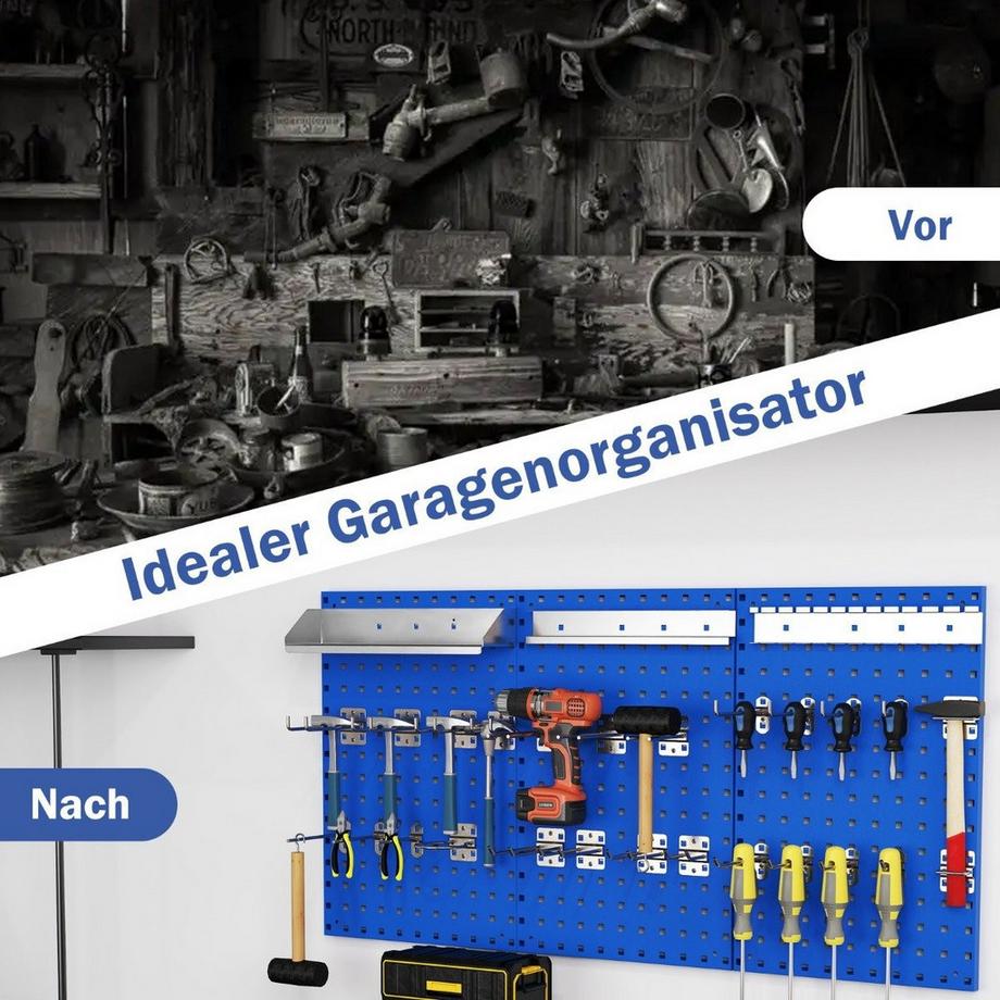 Northix  Mur à outils perforé avec 3 panneaux perforés et 3 panneaux perforés. Accessoires suspendus 28 pièces bleu 