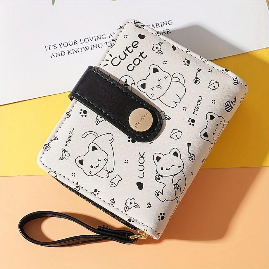Portefeuille court à motif de chat, pochette, porte-monnaie doux, mini porte-cartes de crédit