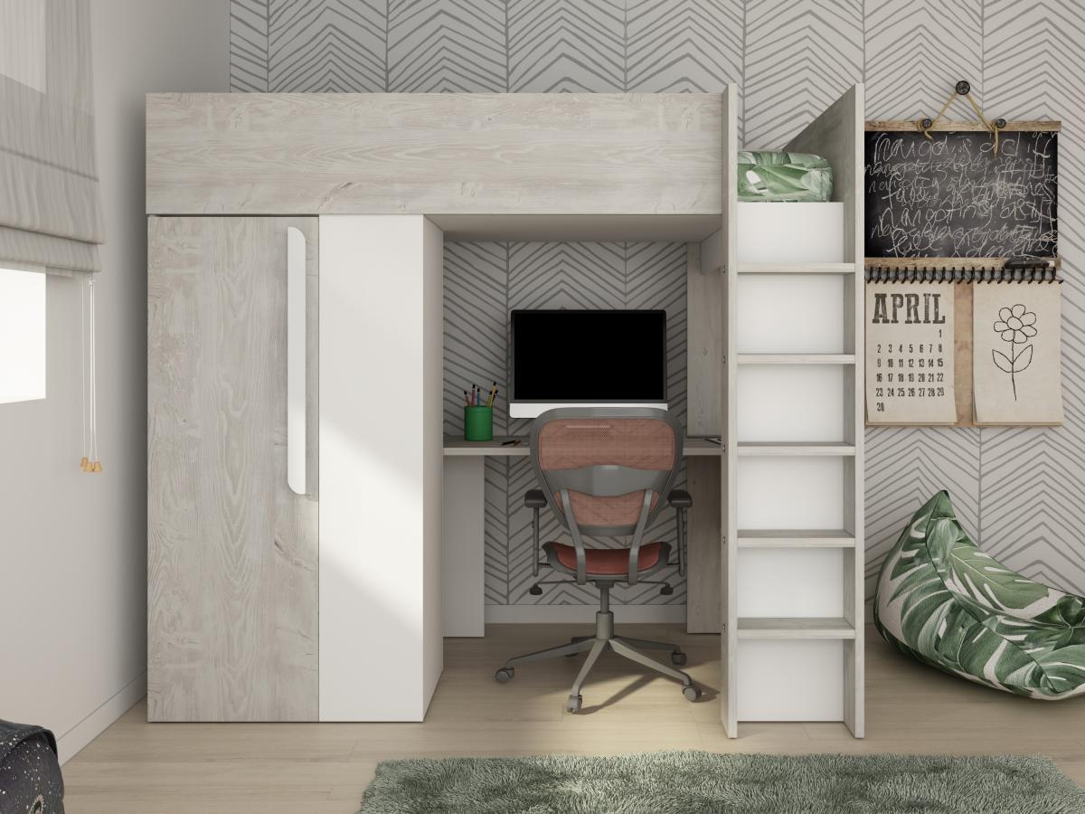 Vente-unique Hochbett mit Schreibtisch & Kleiderschrank - 90 x 200 cm - Holzfarben Grau & Weiß - NICOLAS  